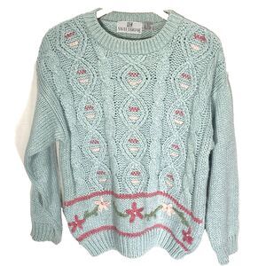 Vintage SWEET BRIAR Sweater Cable Knit Floral 1980s Chunky Womens M Pale Green
